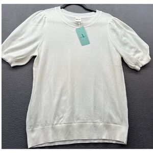WIHOLL Sweater Women L White Puff Sleeve Knit Top Lightweight Casual Pullover